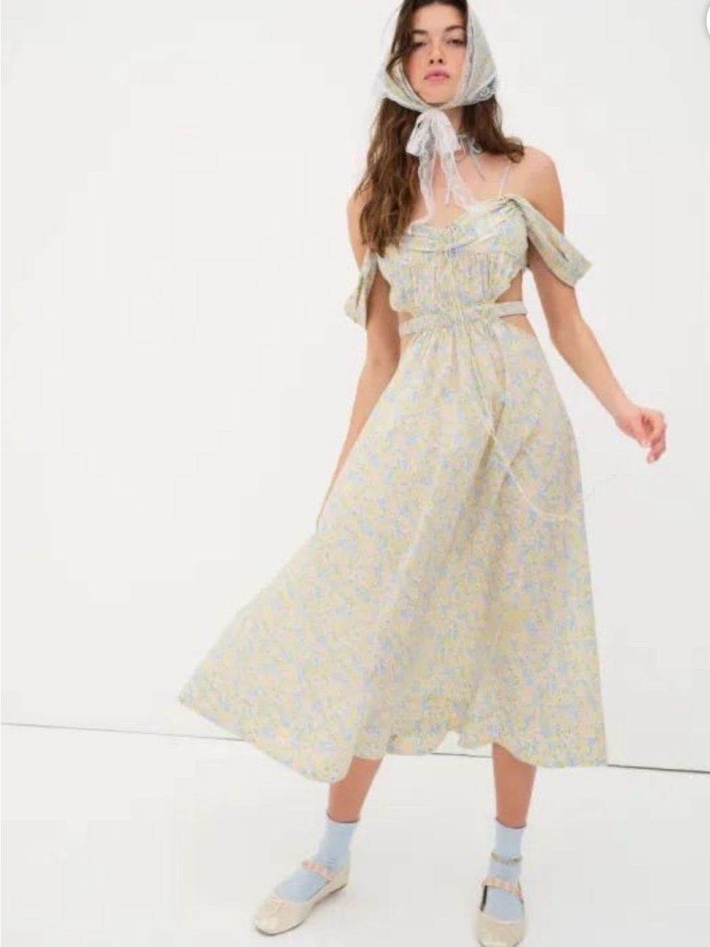 For Love and lemons X Revolve Sibylla Midi Dress Floral white Yellow Blue S $266